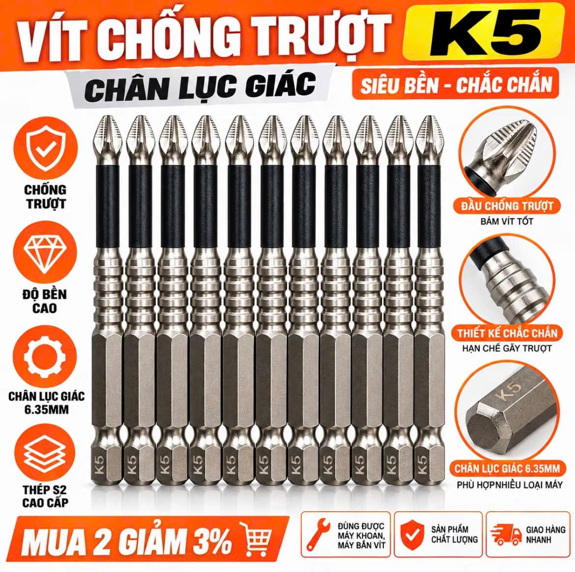 Đầu Vít K5 Chống Trượt Từ Tính Siêu Bền